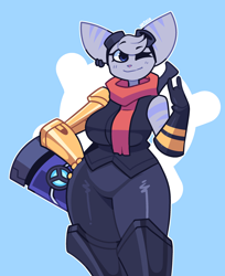 Size: 2246x2751 | Tagged: safe, artist:inkplasm, rivet (r&c), fictional species, lombax, mammal, anthro, cc by-nc-nd, creative commons, ratchet & clank, abstract background, big ears, bipedal, black outline, blue eyes, breasts, clothes, double outline, ears, female, fur, gloves, goggles, gray body, gray fur, hand on hip, hands, high res, illustration, mace, mechanical arm, one eye closed, prosthetic arm, prosthetics, scarf, signature, smiling, solo, solo female, standing, striped fur, thigh high boots, thighs, topwear, vest, weapon, white outline, winking