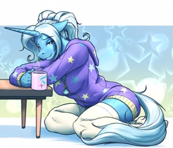 Size: 2916x2500 | Tagged: safe, artist:mykegreywolf, trixie (mlp), equine, fictional species, mammal, pony, unicorn, anthro, friendship is magic, hasbro, my little pony, abstract background, anthrofied, border, breasts, cleavage, clothes, coffee, cutie mark, female, floppy ears, hair, high res, hoodie, horn, kneeling, legwear, lidded eyes, looking at you, mare, mug, purple eyes, smiling, solo, solo female, steam, tail, thigh highs, topwear, white border