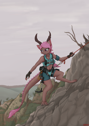 Size: 2480x3508 | Tagged: safe, artist:merqrous, bovid, chimera, feline, fictional species, hybrid, lizard, mammal, reptile, anthro, climbing, ear fluff, female, fluff, hair, harness, high res, horns, mountain, outdoors, rope, solo, solo female, tack, tail