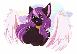 Size: 2700x1900 | Tagged: safe, artist:rainbowscreen, feline, mammal, anthro, abstract background, breasts, bust, collar, feathered wings, feathers, featureless breasts, female, hair, heart, high res, smiling, solo, solo female, teeth, wings