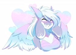 Size: 2800x2000 | Tagged: safe, artist:rainbowscreen, fish, shark, anthro, blushing, bra, breasts, bust, clothes, eyebrow through hair, eyebrows, feathered wings, feathers, female, hair, high res, horns, smiling, solo, solo female, teeth, underwear, wings