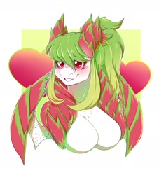 Size: 2000x2200 | Tagged: safe, artist:rainbowscreen, dragon, fictional species, anthro, breasts, bust, featureless breasts, female, green hair, high res, solo, solo female
