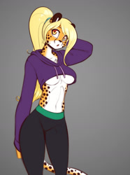 Size: 1788x2400 | Tagged: suggestive, artist:scorpdk, oc, oc only, oc:mihari, cheetah, feline, mammal, anthro, :o, adorasexy, belly button, blonde, bottomwear, breasts, clothes, crop top, cropped hoodie, cute, female, hand behind head, high res, hoodie, looking at you, midriff, pale belly, pants, ponytail, sexy, simple background, solo, solo female, tail, thighs, tight clothing, topwear, underboob, yellow eyes, yoga pants