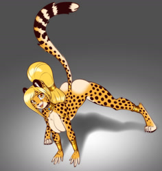 Size: 2076x2200 | Tagged: suggestive, artist:scorpdk, oc, oc only, oc:mihari (scorpdk), cheetah, feline, mammal, anthro, digitigrade anthro, all fours, anklet, arm boob squeeze, armlet, big breasts, breast squish, breasts, butt, cheek fluff, chest fluff, claws, cute little fangs, eyelashes, female, fluff, gradient background, high res, jewelry, leg fluff, legs, lipstick, looking at you, makeup, necklace, open mouth, pale belly, paw fluff, paw pads, paws, ponytail, shadow, smiling, solo, solo female, spotted body, spread legs, tail, tail fluff, tail jewelry, tail ring, thighs, yellow eyes