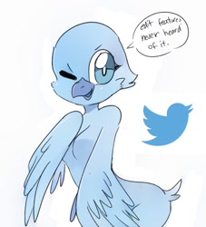 Size: 1000x1100 | Tagged: safe, artist:fluffysmolcloud, tweetfur, bird, songbird, anthro, twitter, 2018, beak, breasts, feathered wings, feathers, featureless breasts, female, front view, looking at you, one eye closed, open beak, open mouth, solo, solo female, speech bubble, tail, talking, three-quarter view, twitter logo, winged arms, wings