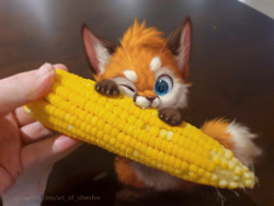 Size: 700x525 | Tagged: safe, artist:silverfox5213, oc, oc only, oc:silver (silverfox5213), canine, fox, human, mammal, red fox, semi-anthro, biting, blue eyes, claws, colored pupils, corn, cute, draw over, ear fluff, fangs, fluff, food, hand hold, holding, male, micro, omnivore, one eye closed, paws, signature, smol, solo focus, tail, tail fluff, technical advanced, vegetables