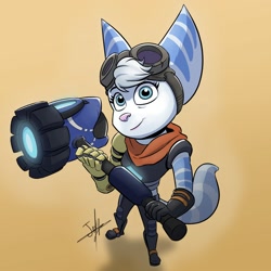 Size: 2000x2000 | Tagged: safe, artist:jayferdraw, rivet (r&c), fictional species, lombax, mammal, anthro, plantigrade anthro, ratchet & clank, 1:1, boots, clothes, female, gloves, goggles, high res, mace, mechanical arm, prosthetic arm, prosthetics, scarf, shoes, solo, solo female, teal eyes
