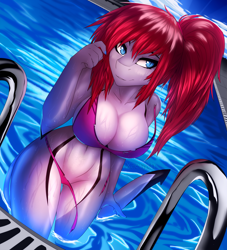 Size: 2000x2200 | Tagged: suggestive, artist:xaenyth, oc, oc only, oc:meeka, fish, shark, anthro, bedroom eyes, belly button, big breasts, bikini, body markings, breasts, clothes, curvy, eyelashes, female, fins, fish tail, hair, high res, hourglass figure, looking at you, pale belly, ponytail, pool, red hair, seductive, sexy, shark tail, slit pupils, smiling, solo, solo female, swimsuit, tail, thick thighs, thigh gap, thighs, thong swimsuit, torn clothes, wardrobe malfunction, wet, wide hips