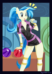Size: 900x1280 | Tagged: safe, artist:skykainsk, allie way (mlp), equine, fictional species, mammal, pony, unicorn, anthro, friendship is magic, hasbro, my little pony, 2011, anthrofied, blushing, bowling ball, breasts, clothes, eyelashes, female, hair, hand hold, holding, horn, looking at you, ponytail, solo, solo female, tail, teal eyes, water bottle