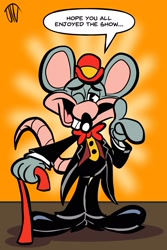 Size: 1680x2520 | Tagged: safe, artist:joeywaggoner, chuck e. cheese, mammal, mouse, rodent, anthro, bottomwear, bow tie, chuck e. cheese's, clothes, front view, hat, high res, murine, pants, sad, shoes, solo, suit, tail, tuxedo, walking cane