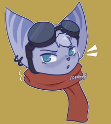 Size: 1646x1830 | Tagged: safe, artist:petpuppi, rivet (r&c), fictional species, lombax, mammal, anthro, ratchet & clank, bust, clothes, colored pupils, ear piercing, earring, female, goggles, hair, looking at you, piercing, portrait, scarf, signature, simple background, solo, solo female, teal eyes, white outline