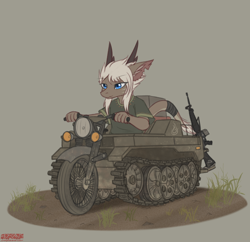 Size: 1742x1687 | Tagged: safe, artist:merqrous, dragon, fictional species, anthro, assault rifle, blue eyes, clothes, driving, ear fluff, fluff, grass, gun, hair, horns, kettenkrad, m-16, male, motorcycle, rifle, solo, solo male, tail, tail wraps, vehicle, weapon, wraps