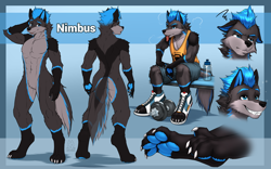 Size: 8027x5000 | Tagged: safe, artist:mykegreywolf, oc, oc only, oc:nimbus, canine, fox, hybrid, mammal, wolf, anthro, digitigrade anthro, 2020, abs, absurd resolution, blue eyes, bottle, claws, clothes, featureless crotch, fluff, front view, gloves (arm marking), hair, looking at you, male, muscles, neck fluff, nudity, paw pads, paws, pubic fluff, rear view, reference sheet, shoes, signature, simple background, sitting, sneakers, socks (leg marking), solo, solo male, standing, tail, tail fluff, teeth, transparent tail, underpaw, watermark
