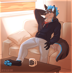Size: 3050x3084 | Tagged: safe, artist:alibi-cami, oc, oc only, oc:nimbus, canine, fox, hybrid, mammal, wolf, anthro, blue eyes, clothes, coffee mug, couch, fluff, hand behind head, high res, hoodie, looking at you, male, neck fluff, paw pads, paws, signature, smiling, solo, solo male, table, tail, topwear, window