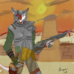 Size: 3463x3507 | Tagged: safe, artist:draim, oc, oc only, fictional species, mammal, sergal, anthro, armor, claws, dorsai, gun, high res, male, sci-fi, signature, simple background, solo, solo male, weapon