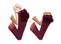 Size: 2500x1831 | Tagged: safe, artist:pointedfox, oc, oc:ciderbun, oc:pointedfox, canine, fox, lagomorph, mammal, rabbit, ambiguous form, ambiguous gender, claws, comic, disembodied foot, duo, foot focus, high res, interspecies, offscreen character, paw focus, paw on paw, paw pads, paws, shipping, signature, simple background, size difference, underpaw, white background