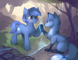Size: 3200x2500 | Tagged: safe, artist:dreamweaverpony, oc, oc only, oc x oc, oc:double colon, canine, equine, fictional species, fox, mammal, pony, unicorn, feral, friendship is magic, hasbro, my little pony, barrier, blue fur, blue hair, blushing, cheek fluff, chest fluff, commission, cutie mark, cyan eyes, duality, duo, ear fluff, eye through hair, eyebrow through hair, eyebrows, eyelashes, female, female/female, females only, fluff, fur, grass, hair, high res, hooves, horn, invisible wall, looking at each other, mane, outdoors, paws, raised leg, rock, shipping, socks (leg marking), soft shading, tail, tail fluff, thorns, tree, tree branch, vixen