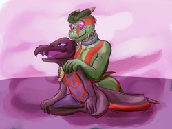 Size: 1600x1200 | Tagged: suggestive, artist:gyrotech, artist:silent_e, edit, oc, oc:saul ashle, oc:shows-his-scales, argonian, fictional species, lizard, reptile, salazzle, anthro, semi-anthro, nintendo, pokémon, collar, color edit, duo, gray scales, male, massage, mind control, orange scales, pheremones, pink eyes, scales, tail