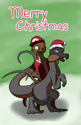 Size: 1925x2975 | Tagged: safe, artist:doesnotexist, artist:gyrotech, oc, oc:saul ashle, fictional species, lizard, mammal, mustelid, otter, reptile, salazzle, anthro, semi-anthro, nintendo, pokémon, christmas, clothes, duo, gray scales, green eyes, hat, high res, holiday, male, merry christmas, open mouth, orange scales, pink eyes, santa hat, scales, sharp teeth, shirt, slit pupils, t-shirt, tail, teeth, topwear, turkey leg