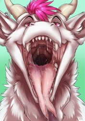 Size: 906x1280 | Tagged: suggestive, artist:ifus, oc, oc only, oc:nylla, dragon, fictional species, ambiguous form, bust, ear piercing, front view, fur, horns, male, mawshot, open mouth, piercing, pink hair, red eyes, saliva, sharp teeth, solo, solo male, teeth, tongue, tongue out, white fur