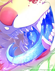 Size: 993x1280 | Tagged: suggestive, artist:hungrysuccubus, canine, mammal, ambiguous form, blue tongue, bust, color porn, colored tongue, fur, mawshot, open mouth, saliva, sharp teeth, solo, teeth, tongue, tongue out, white fur
