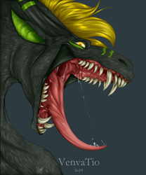 Size: 1066x1280 | Tagged: suggestive, artist:venvatio, dragon, fictional species, furred dragon, ambiguous form, black fur, bust, fur, mawshot, open mouth, saliva, sharp teeth, side view, solo, teeth, tongue, tongue out, yellow hair