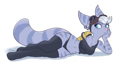 Size: 1024x559 | Tagged: suggestive, artist:ambris, rivet (r&c), fictional species, lombax, mammal, anthro, ratchet & clank, 2020, blue eyes, clothes, ear piercing, earring, female, goggles, legwear, lying down, panties, piercing, prosthetic arm, prosthetics, ringtail, solo, solo female, tail, tank top, thigh highs, topwear, underwear