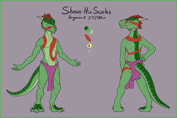 Size: 2000x1333 | Tagged: safe, artist:doesnotexist, oc, oc only, oc:shows-his-scales, argonian, fictional species, reptile, anthro, digitigrade anthro, the elder scrolls, body paint, broken horn, clothes, english text, feathers, front view, horn, horns, loincloth, male, partial nudity, rear view, reference sheet, solo, solo male, tail, text, three-quarter view, topless, yellow eyes