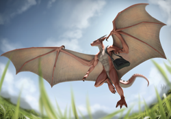 Size: 1700x1191 | Tagged: safe, artist:khyaber, dragon, fictional species, western dragon, anthro, abs, claws, featureless crotch, grass, horns, low angle, male, muscles, nudity, signature, solo, solo male, spread wings, tail, webbed feet, webbed hands, webbed wings, wings