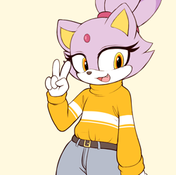 Size: 4000x3961 | Tagged: safe, artist:moozua, blaze the cat (sonic), cat, feline, mammal, anthro, sega, sonic the hedgehog (series), 2019, clothes, female, fur, gesture, high res, lavender fur, mobian, peace sign, solo, solo female, sweater, topwear