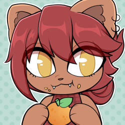 Size: 3000x3000 | Tagged: safe, artist:moozua, furbooru exclusive, oc, oc only, ambiguous species, cat, feline, mammal, anthro, animal crossing, nintendo, black outline, breasts, brown body, brown fur, cleavage, clothes, cute, ear piercing, earring, eating, eye through hair, female, food, fruit, fur, hair, high res, looking at you, orange, outline, paws, piercing, polka dot background, red hair, red topwear, short hair, solo, solo female, three-quarter view, topwear, white outline, yellow eyes