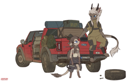 Size: 2805x1782 | Tagged: source needed, safe, artist:merqrous, cat, chimera, dragon, feline, fictional species, hybrid, mammal, anthro, antlers, backpack, blue eyes, clothes, crowbar, duo, female, hand hold, high res, holding, leg wraps, male, number plate, paws, simple background, tail, truck, vehicle, white background, wraps