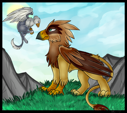 Size: 1234x1096 | Tagged: safe, artist:guts_opossum, oc, oc:der, oc:serilde, bird, bird of prey, eagle, feline, fictional species, gryphon, spanish imperial eagle, feral, :p, beak, brown feathers, claws, duo, eagle gryphon, feathered wings, feathers, female, fur, gray fur, green eyes, micro, paws, size difference, tail, tail tuft, talons, tongue, unamused, white feathers, wings, yellow fur