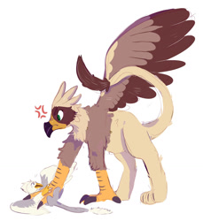 Size: 1234x1348 | Tagged: safe, artist:spookyfoxes, oc, oc only, oc:der, oc:serilde, bird, bird of prey, eagle, feline, fictional species, gryphon, spanish imperial eagle, feral, angry, beak, bird feet, brown feathers, claws, cream body, cream fur, cross-popping veins, eagle gryphon, feathered wings, feathers, female, fur, gray feathers, gray fur, green eyes, micro, paws, pinned, size difference, solo, solo female, tail, tail tuft, talons, white feathers, wings