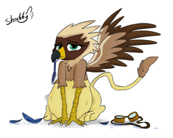 Size: 2500x2000 | Tagged: suggestive, artist:shrabby, oc, oc:seaward skies, oc:serilde, bird, bird of prey, eagle, feline, fictional species, gryphon, mammal, spanish imperial eagle, feral, beak, big belly, bird feet, brown feathers, claws, duo, eagle gryphon, feathered wings, feathers, female, fur, goggles, green eyes, high res, impossible fit, leash, paws, stomach bulge, tail, tail tuft, talons, vore, wings, yellow fur