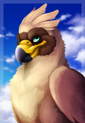 Size: 1215x1750 | Tagged: safe, artist:whelpsy, oc, oc only, oc:serilde, bird, bird of prey, eagle, feline, fictional species, gryphon, spanish imperial eagle, feral, beak, brown feathers, eagle gryphon, feathered wings, feathers, female, green eyes, solo, solo female, wings