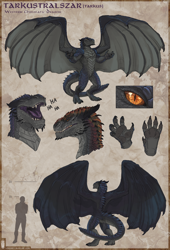 Size: 1920x2826 | Tagged: safe, artist:rhos, oc, oc only, oc:tarkustralszar, dragon, fictional species, reptile, western dragon, anthro, digitigrade anthro, 2016, abstract background, big wings, bust, butt, claws, eyes closed, featureless crotch, front view, high res, horns, male, nudity, open mouth, orange eyes, paw pads, paws, rear view, reference sheet, reptile feet, scales, sharp teeth, signature, silhouette, slit pupils, solo, solo male, spread arms, spread wings, standing, tail, teeth, three-quarter view, webbed wings, wings