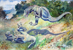 Size: 1920x1303 | Tagged: safe, artist:charles r. knight, dinosaur, dryptosaurus, raptor, reptile, theropod, feral, lifelike feral, 1897, ambiguous gender, claws, cloud, duo, fighting, jumping, lying down, non-sapient, nostrils, on back, open mouth, outdated paleoart, outdoors, painting, paleoart, prehistoric, public domain, realistic, reptile feet, reptile soles, sharp teeth, signature, soles, tail, teeth, traditional art, tree
