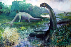 Size: 4655x3056 | Tagged: safe, artist:charles r. knight, brontosaurus, dinosaur, diplodocus, reptile, sauropod, feral, lifelike feral, 1897, amber eyes, ambiguous gender, grass, group, high res, long neck, looking at you, non-sapient, outdated paleoart, painting, paleoart, partially submerged, prehistoric, public domain, realistic, standing, tail, traditional art, tree, water