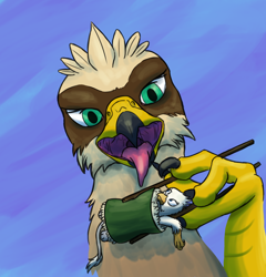 Size: 1222x1273 | Tagged: suggestive, artist:doesnotexist, artist:gyrotech, edit, oc, oc:der, oc:serilde, bird, bird of prey, eagle, feline, fictional species, gryphon, mammal, spanish imperial eagle, feral, beak, brown feathers, bust, chopsticks, claws, color edit, duo, eagle gryphon, feathers, female, food, food play, fur, green eyes, imminent vore, mawshot, micro, open beak, open mouth, paws, sushi, talons, white feathers