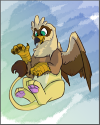 Size: 587x729 | Tagged: safe, artist:scruffasus, oc, oc only, oc:serilde, bird, bird of prey, eagle, feline, fictional species, gryphon, mammal, spanish imperial eagle, feral, beak, bird feet, brown feathers, claws, eagle gryphon, feathered wings, feathers, female, fur, green eyes, open mouth, paw pads, paws, solo, solo female, tail, tail tuft, talons, underpaw, waving, wings, yellow fur