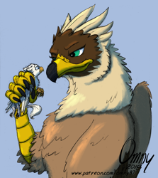 Size: 700x783 | Tagged: safe, artist:gyrotech, artist:omny87, edit, oc, oc:der, oc:serilde, bird, bird of prey, eagle, feline, fictional species, gryphon, mammal, spanish imperial eagle, feral, comic:dealing with a pest, beak, bird feet, blue eyes, brown feathers, claws, color edit, duo, eagle gryphon, feathered wings, feathers, female, fur, glaring, green eyes, micro, paw pads, paws, size difference, tail tuft, talons, underpaw, white feathers, wings, yellow fur