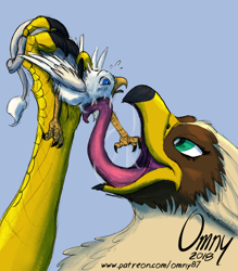 Size: 700x799 | Tagged: suggestive, artist:gyrotech, artist:omny87, edit, oc, oc:der, oc:serilde, bird, bird of prey, eagle, feline, fictional species, gryphon, mammal, spanish imperial eagle, feral, comic:dealing with a pest, beak, bird feet, blushing, brown feathers, claws, color edit, duo, eagle gryphon, feathered wings, feathers, female, fur, gray fur, imminent vore, licking, micro, paws, size difference, tail tuft, talons, tongue, tongue out, underpaw, white feathers, wings