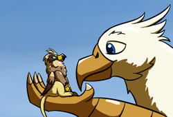 Size: 1750x1190 | Tagged: safe, artist:gyrotech, artist:swiftsketch, edit, oc, oc:der, oc:serilde, bird, bird of prey, eagle, feline, fictional species, gryphon, mammal, spanish imperial eagle, feral, comic:rude to large birds, beak, bird feet, blue eyes, brown feathers, claws, color edit, duo, eagle gryphon, feathered wings, feathers, female, fur, green eyes, micro, paws, size difference, tail, talons, white feathers, wings, yellow fur