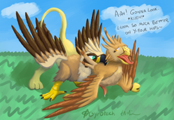 Size: 2841x1963 | Tagged: suggestive, artist:doesnotexist, artist:gyrotech, edit, oc, oc:chazori, oc:serilde, bird, bird of prey, chocobo, eagle, feline, fictional species, gryphon, mammal, spanish imperial eagle, feral, final fantasy, square enix, beak, bird feet, brown feathers, claws, color edit, duo, eagle gryphon, feathered wings, feathers, female, fur, green eyes, impossible fit, oral vore, paws, tail tuft, talons, tongue, tongue out, vore, wings, yellow fur