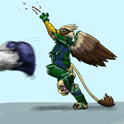 Size: 4000x4000 | Tagged: safe, artist:captainhoers, artist:gyrotech, edit, oc, oc:serilde, bird, bird of prey, eagle, equine, feline, fictional species, gryphon, mammal, pony, spanish imperial eagle, feral, 1:1, absurd resolution, armor, beak, brown feathers, claws, color edit, duo, eagle gryphon, exosuit, feathered wings, feathers, female, fur, green eyes, hooves, offscreen character, paw pads, paws, slash, solo focus, tail tuft, talons, underpaw, wings, yellow fur