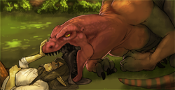 Size: 1312x675 | Tagged: suggestive, artist:final roar, artist:finalroar, elf, fictional species, lizard, mammal, reptile, feral, humanoid, bust, duo, licking, mawshot, open mouth, red scales, saliva, sharp teeth, size difference, teeth, tongue, tongue out, yellow eyes
