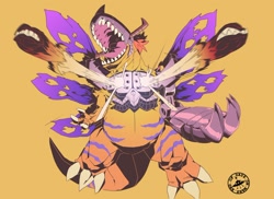 Size: 1280x931 | Tagged: safe, artist:namiksejin, fictional species, metalgreymon, semi-anthro, digimon, claws, mechanical arm, metal claws, open mouth, sharp teeth, solo, teeth