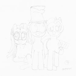 Size: 1920x1920 | Tagged: safe, artist:moon flower, furbooru exclusive, oc, oc only, oc:darkest hour, oc:moon flower, oc:noble pinions, alicorn, earth pony, equine, fictional species, mammal, pony, feral, friendship is magic, hasbro, my little pony, team fortress 2, 2019, clothes, derp, female, front view, ghastly gibbus (tf2), goggles, grayscale, group, hair, hat, holding, hoof hold, hooves, horn, line art, long hair, looking at you, lying down, mane, mare, monochrome, nope, pencil drawing, pyrovision goggles (tf2), raised leg, sign, silly face, simple background, sitting, smiling, standing, star (facial marking), tail, torn clothes, traditional art, trio