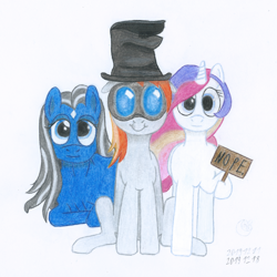 Size: 1920x1920 | Tagged: safe, artist:moon flower, furbooru exclusive, oc, oc only, oc:darkest hour, oc:moon flower, oc:noble pinions, alicorn, earth pony, equine, fictional species, mammal, pony, feral, friendship is magic, hasbro, my little pony, team fortress 2, 1:1, 2019, clothes, colored, coloured pencil drawing, derp, female, front view, ghastly gibbus (tf2), goggles, group, hair, hat, holding, hoof hold, hooves, horn, long hair, looking at you, lying down, mane, mare, nope, pencil drawing, pyrovision goggles (tf2), raised leg, sign, silly face, simple background, sitting, smiling, standing, star (facial marking), tail, torn clothes, traditional art, trio